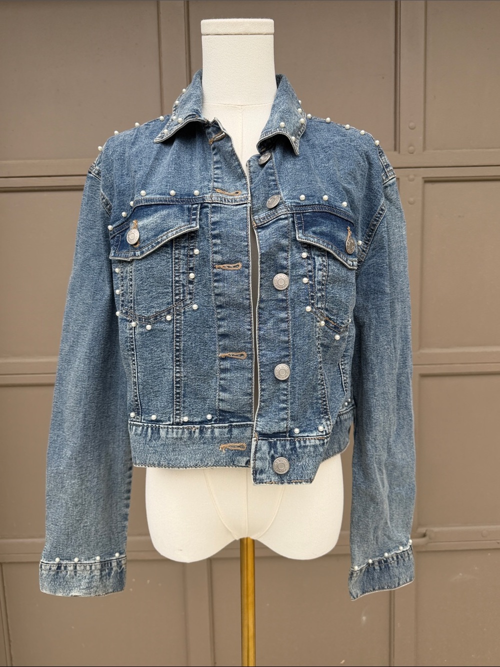 Cato Blue Denim Jacket with Pearl Trim